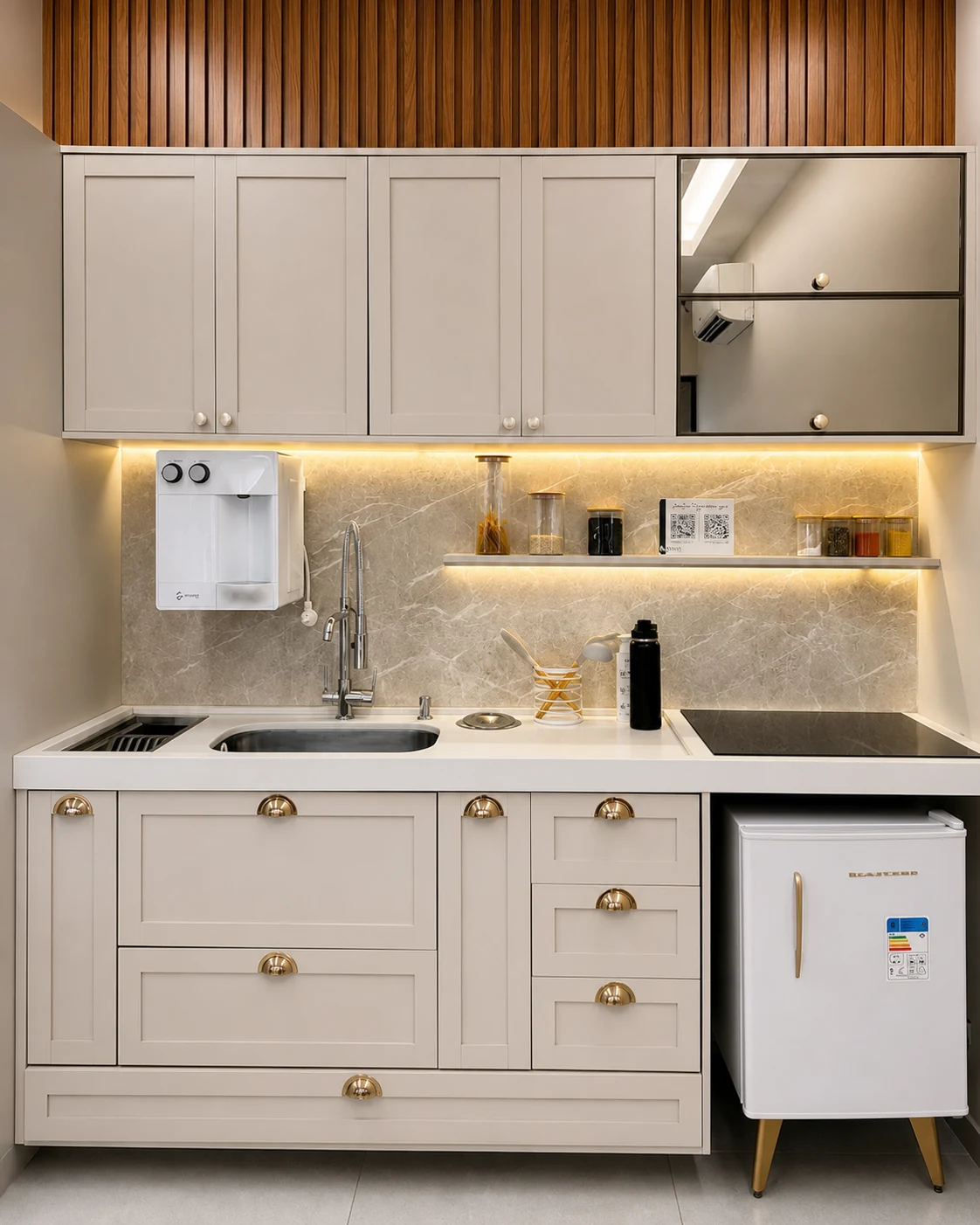Cozinha compacta planejada com armários claros e painel ripado no showroom Edulay